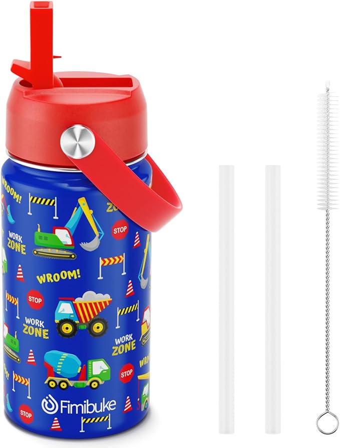 Fimibuke Kids Insulated Water Bottle, 14oz BPA FREE 18/8 Stainless Steel Travel Tumbler Double Wall Vacuum Leak Proof Kids Cups with Straw Metal Water Bottles for School Boys Girls (1 Pack, Trucks)