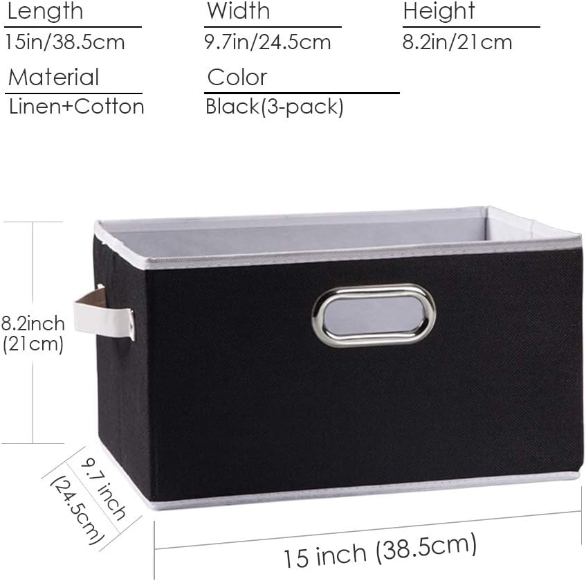 PRANDOM Large Collapsible Storage Bins for Closet [3-Pack] Decorative Fabric Storage Baskets Cubes with Leather/Metal Handles for Shelves Bedroom Living Room Black (14.9x9.8x8.3 Inch)