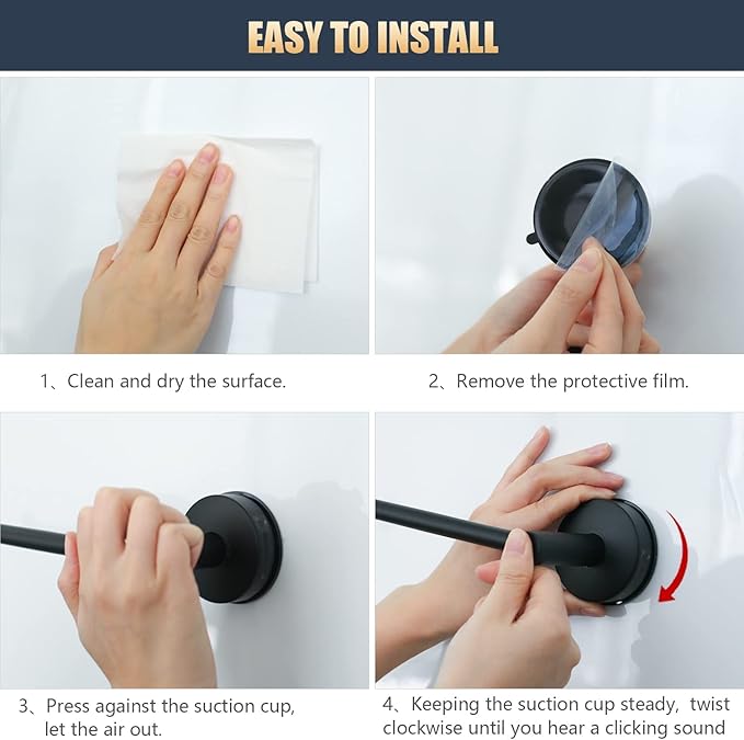 DGYB Adjustable Suction Cup Towel Bar for Bathroom 14 Inch ~ 27 Inch Set of 2 Matte Black Towel Rack Stainless Steel Bath Towel Holder for Glass Shower Door