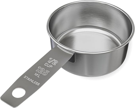 1/2 Cup Stainless Steel Measuring Cup | Sturdy Metal 125 ml | 125 cc | 4 oz | Single Cup for Wet and Dry Ingredients | Great for use as 1/2 Cup Dog Food Scoop - 1 PK