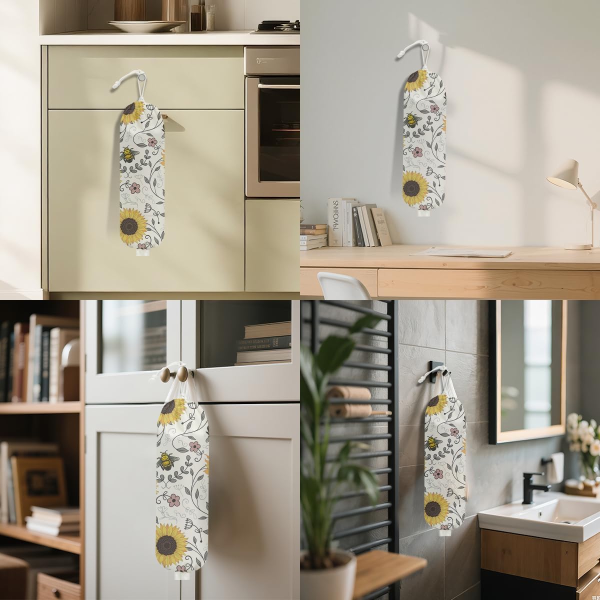 Cute Bee Plastic Bag Holder, Wall Mount Grocery Bag Holder for Plastic Bags, Vintage Rustic Sunflower Large Reusable Grocery Bags Storage Dispenser for Home Kitchen Pantry, Sunflower Gifts for Women