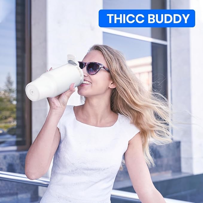 Thicc Buddy - 16 oz Stainless Steel Vacuum Insulated Tumbler with Lid and Straw for Water - Travel Mug Cupholder Friendly - Gifts for Women Men Him Her