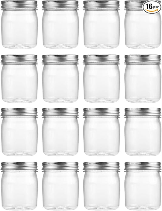 novelinks 8 oz Clear Plastic Jars with Airtight Lids, 16 Pack Plastic Mason Jars with Lids 8oz, Refillable Storage Slime Containers & Small Spice Jar for Kitchen Organization (16 Pack,Silver)