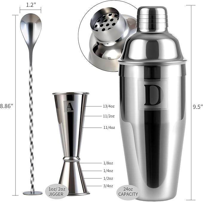 24oz Cocktail Shaker Set with 1 oz 2oz Jigger - Monogramm Initials Martini Shaker Set - 304 Stainless Steel Bar Shaker for Margarita,Mojito-Personalized Gift for Friend,Husband-F