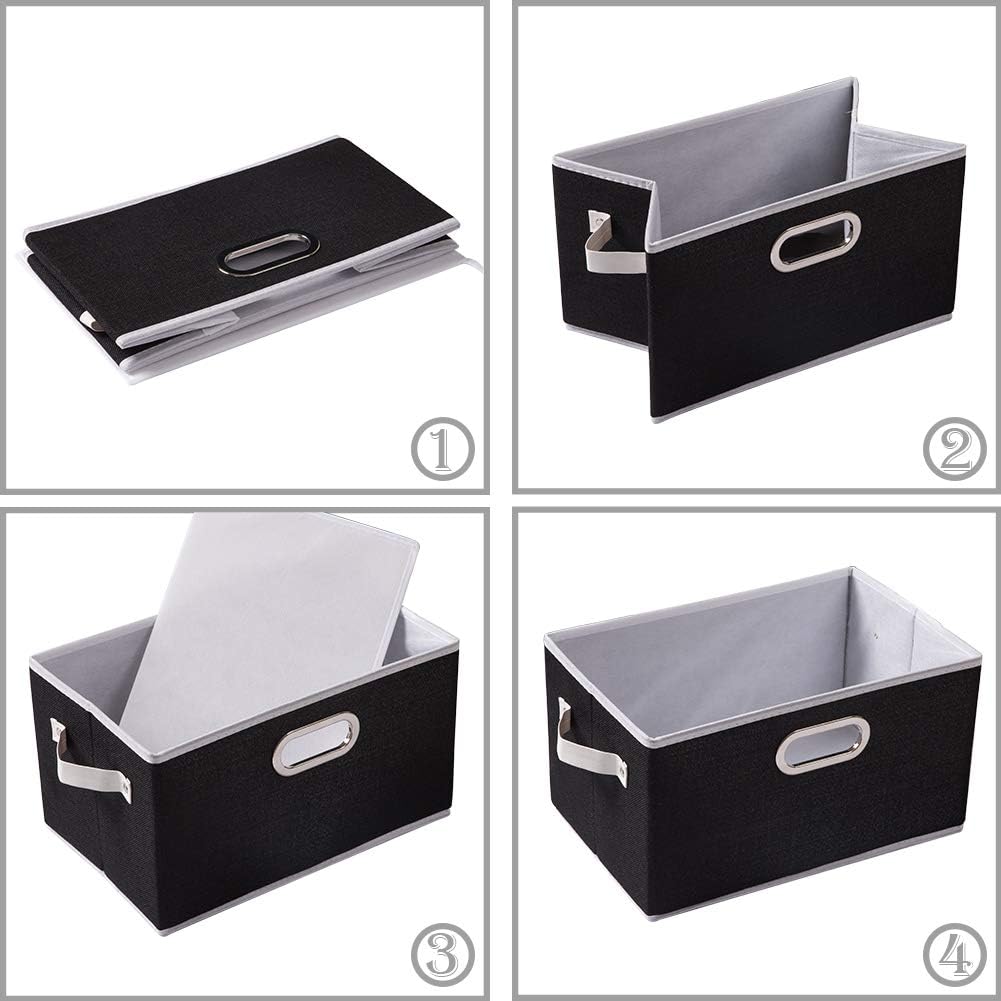 PRANDOM Large Collapsible Storage Bins for Closet [3-Pack] Decorative Fabric Storage Baskets Cubes with Leather/Metal Handles for Shelves Bedroom Living Room Black (14.9x9.8x8.3 Inch)