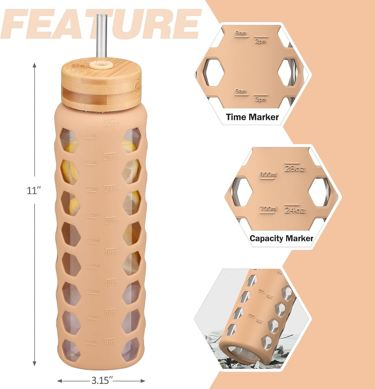 MUKOKO Glass Water Bottles, 32oz Glass Tumbler with Straw, Drinking Bottles with 2 Lids-Handle Spout Lid&Bamboo Straw Lid, Motivational Water Bottle with Time Marker and Silicone Sleeve, 1 Pack-Amber