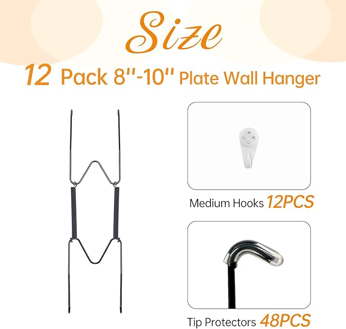 Bilillo 12 Pack Plate Hangers for The Wall, Suitable for 8''-10'' Decorative Plate,Invisible Heavy Duty Wire Plate Holder with Wall Hooks, Plate Hangers for Displaying Plates, Platter, Dish (Black)