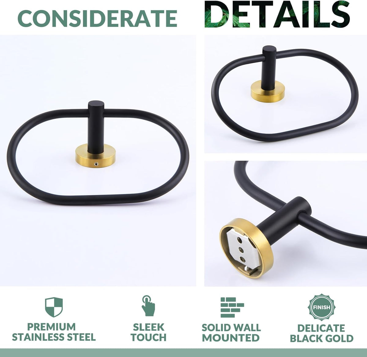 APLusee Black Gold Hand Towel Ring, Stainless Steel Hand Towel Holder for Bathroom Wall Mounted
