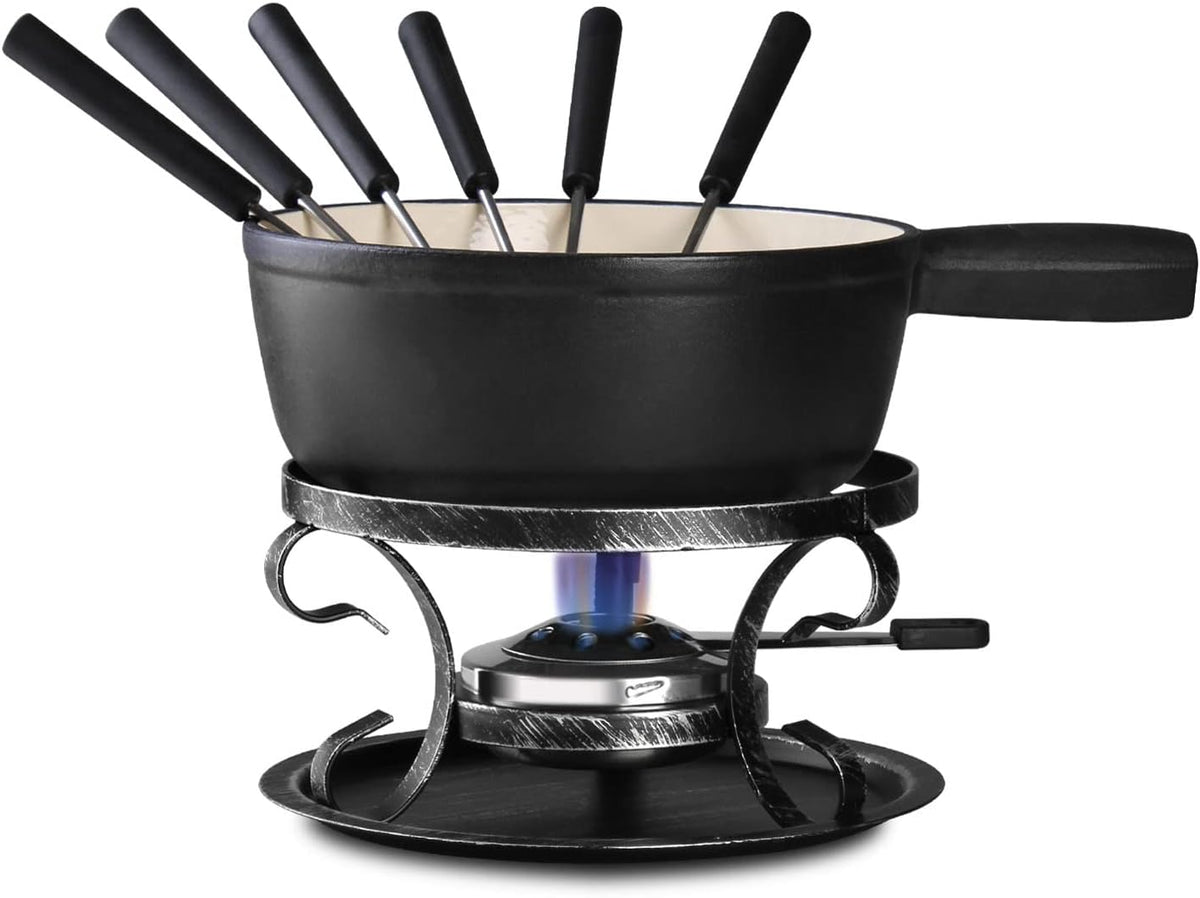Artestia Cast Iron Fondue Pot Set – Swiss Traditional 2L Cheese & Chocolate Fondue Pot for 4-6 People – Ideal for Melting Cheese, Chocolates, Caramel, & More (Black)