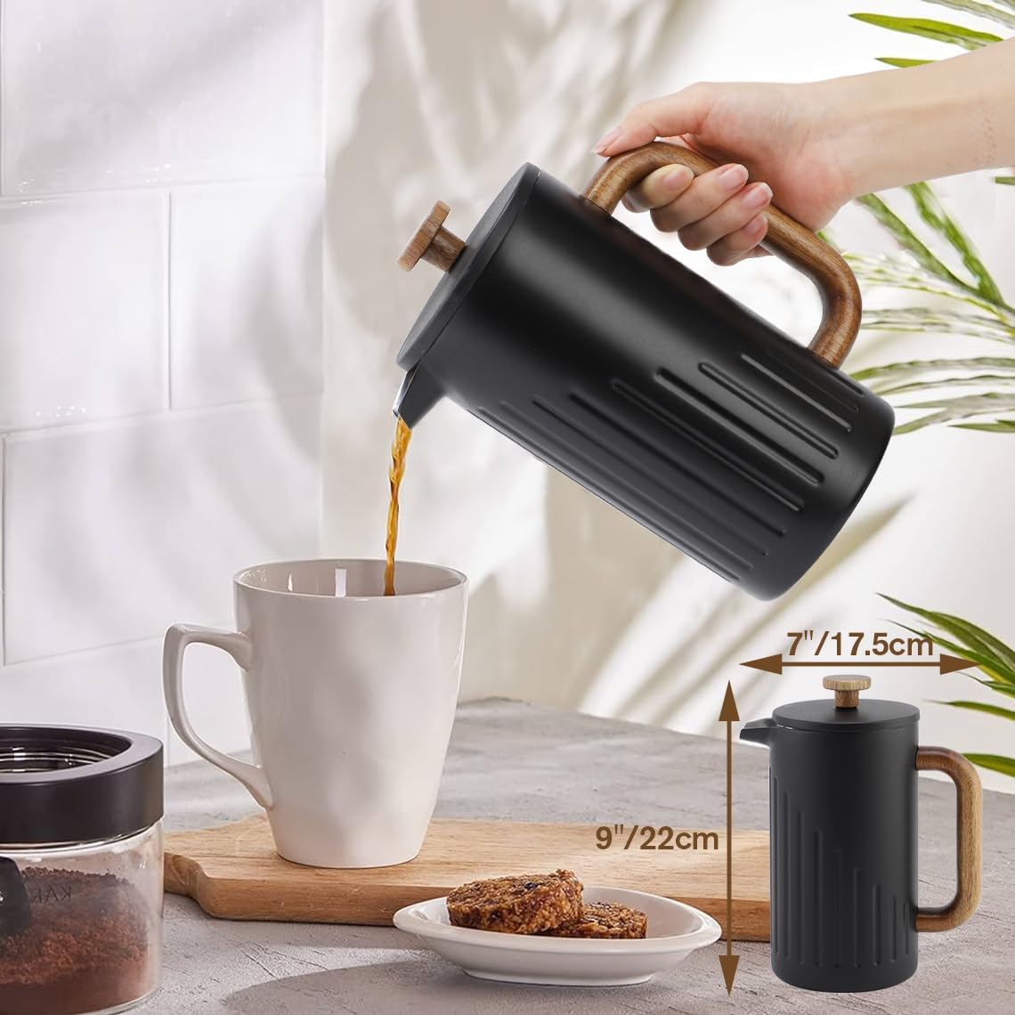 Rorence 34oz French Press Coffee Maker, Coffee Press with Real Wood Handle & Plunger Head, Double Wall Insulation & Dual-Filter Screen, incl. replaced filters & instructions, Black