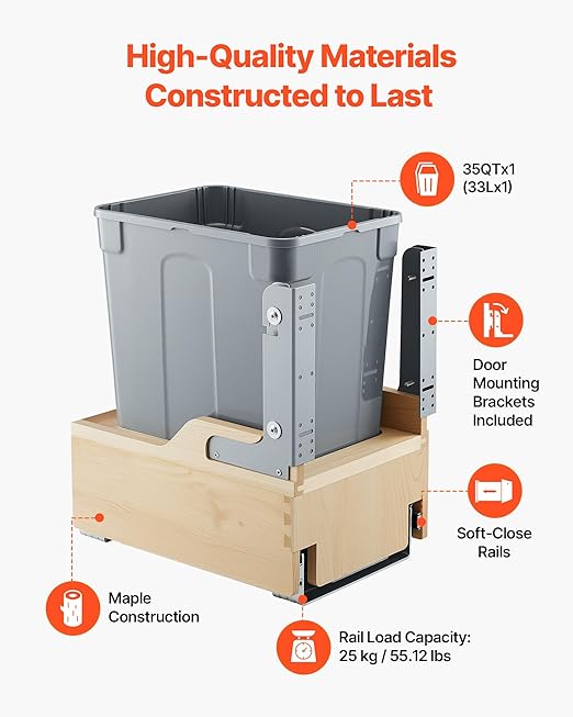 VEVOR Wood Pullout Trash Can for Kitchen Cabinets, 35 QT Garbage Waste Recycling Bin, Under Mount Waste Container, with Heavy Duty Metal Soft Close Sliding System, Door Kit, for Sink, Under Counter