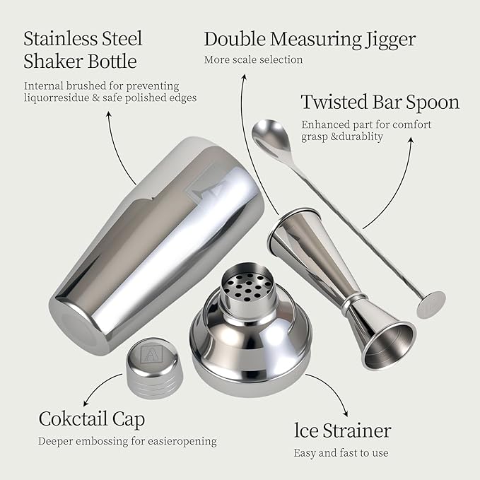 24oz Cocktail Shaker Set with 1 oz 2oz Jigger - Monogramm Initials Martini Shaker Set - 304 Stainless Steel Bar Shaker for Margarita,Mojito-Personalized Gift for Friend,Husband-Q