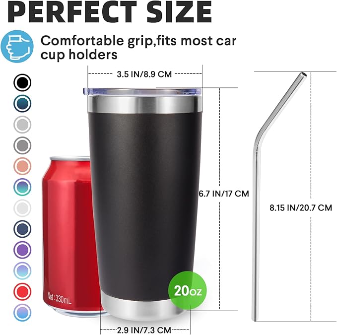 Volhoply 20oz Stainless Steel Tumbler with Lid and Straw Bulk 12 Pack,Double Wall Insulated Travel Iced Coffee Mug Fits Cup Holder,Powder Coated Cups for Cold Drinks,Christmas Gifts（Assorted,12 Set）