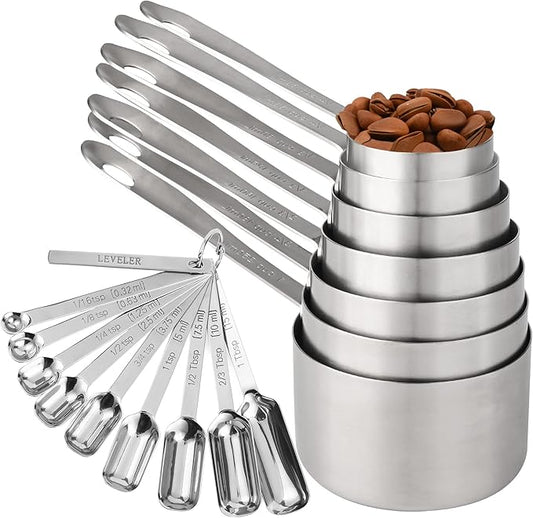 Measuring Cups and Spoons Set 17, 7 Stainless Steel Measuring Cup Set, 9 Spice Long Measuring Spoons with 1 Leveler for Kitchen and Baking, 18/8 Steel Dry Metric Measure Cups &Spoons Set