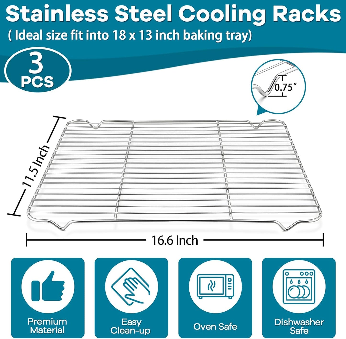 Baking Cooling Rack Set of 3, P&P CHEF Stainless Steel Cooking Roasting Drying Wire Racks, 16.6” x 11.6” Inches to Fit Half Sheet Pan, Non-toxic & Durable, Oven & Dishwasher Safe