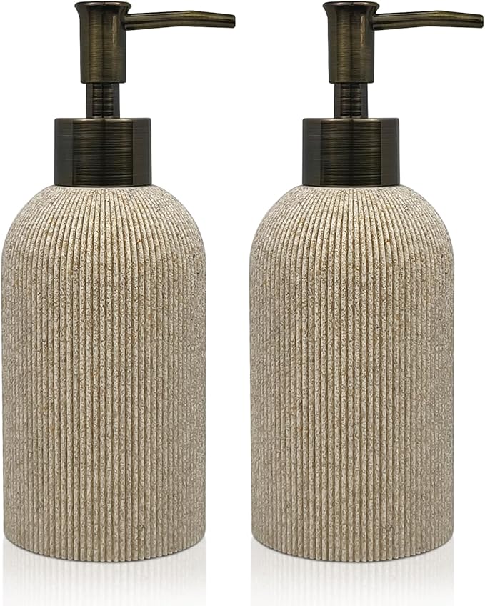 Hand Soap Dispenser for Bathroom and Kitchen Countertop, 10 oz Resin Soap and Lotion Dispensers Set with Plastic Rust Proof Pump, Boho Refillable Liquid Dish Soap Dispensers Bottle,Beige