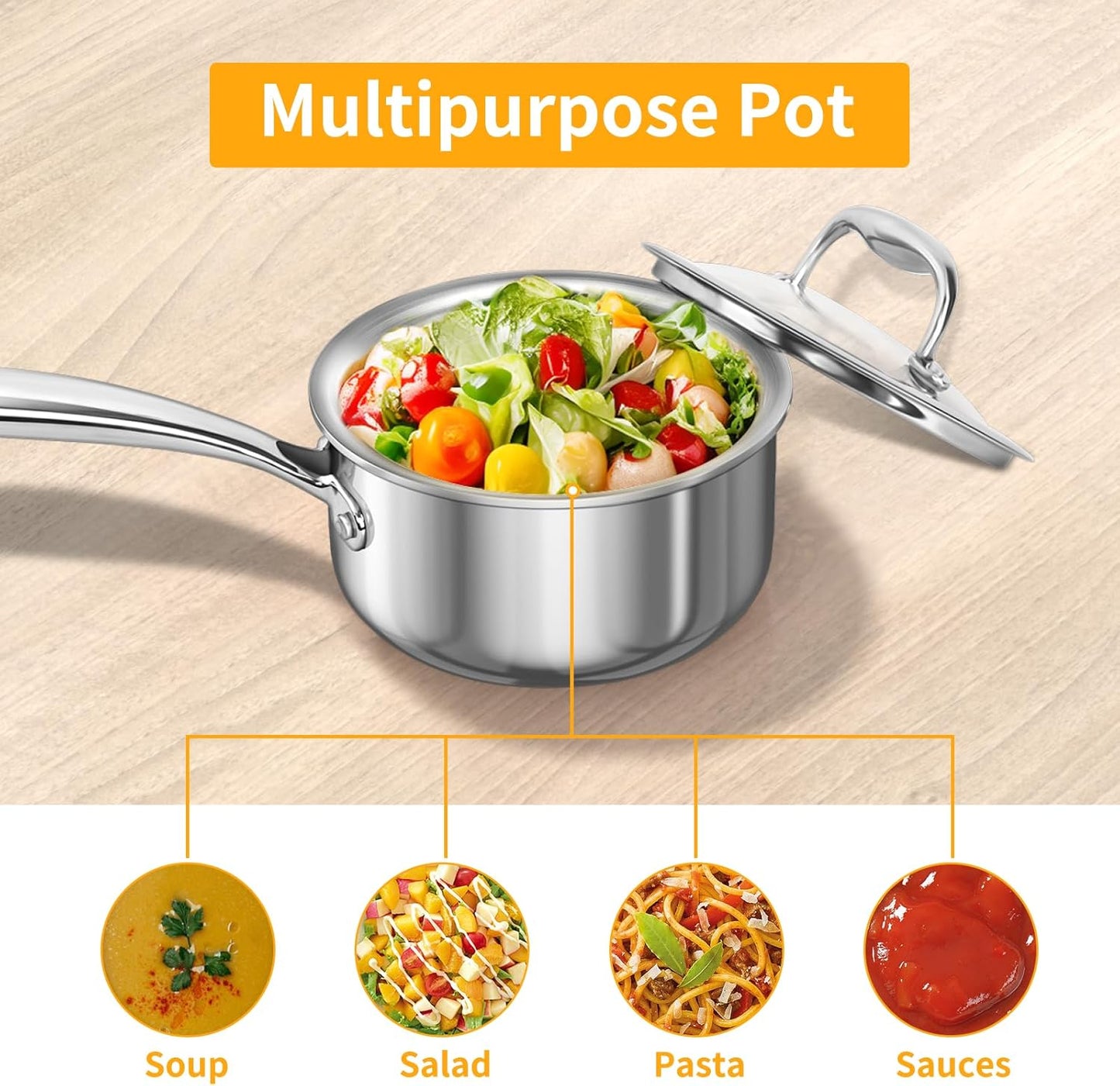 Macevia Sauce Pan with Glass Lid, 18/10 Stainless Steel Pot with Stay-Cool Handle, For All Stoves Multipurpose Use for Home Kitchen or Restaurant（1 Quart）- Silver
