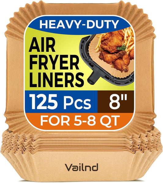 Air Fryer Paper Liners, 125Pcs Parchment Paper, Air Fryer Liners Disposable for Microwave, Non-Stick Air Fryer Liner Square Free of Bleach (8IN)