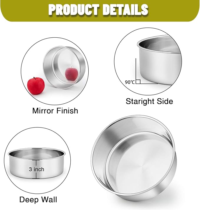 P&P CHEF 8 Inch Cake Pans Set, Round Baking Pan Stainless Steel Layer Birthday Wedding Cake Oven Pans, Non Toxic & Heavy Duty, Deep Side & Mirror Finish, Dishwasher Safe, (2Pcs)