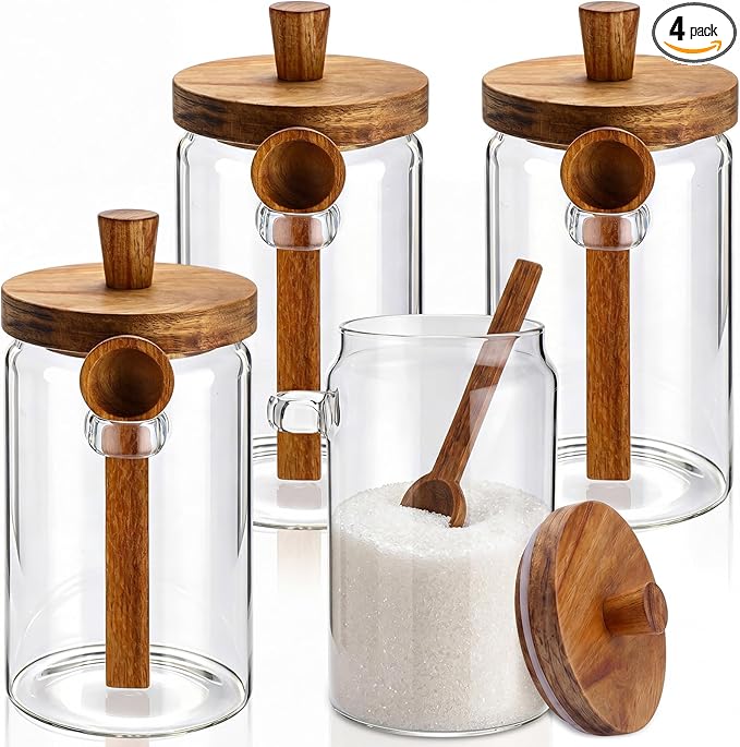 Remerry Set of 4 Glass Jar with Wooden Lid and Spoon, Clear Airtight Spice Canisters Glass Food Storage Kitchen Containers Set for Coffee Bean Tea Sugar (30 oz)