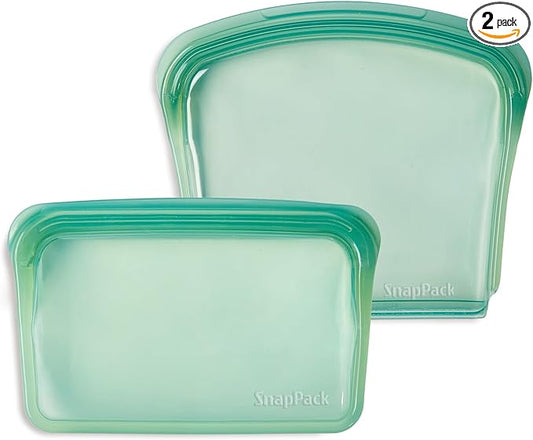 SnapPack Reusable Snack & Sandwich Bags, 2-Pack, 100% Pure Platinum Silicone, Dishwasher Safe, Heat‑Resistant, Freezer‑Safe and Sous‑Vide capable (Forest Green)