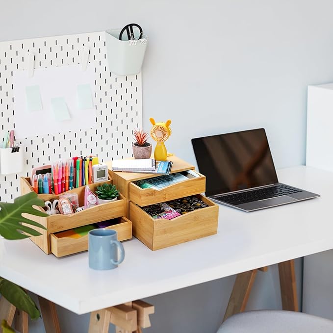Yopay 2 Pack Bamboo Desk Organizer, Stackable Desktop Organizers with 3 Drawers, Bamboo Office Tabletop, Countertop Organization for Stationery, Makeup Vanity, Fully Assembled