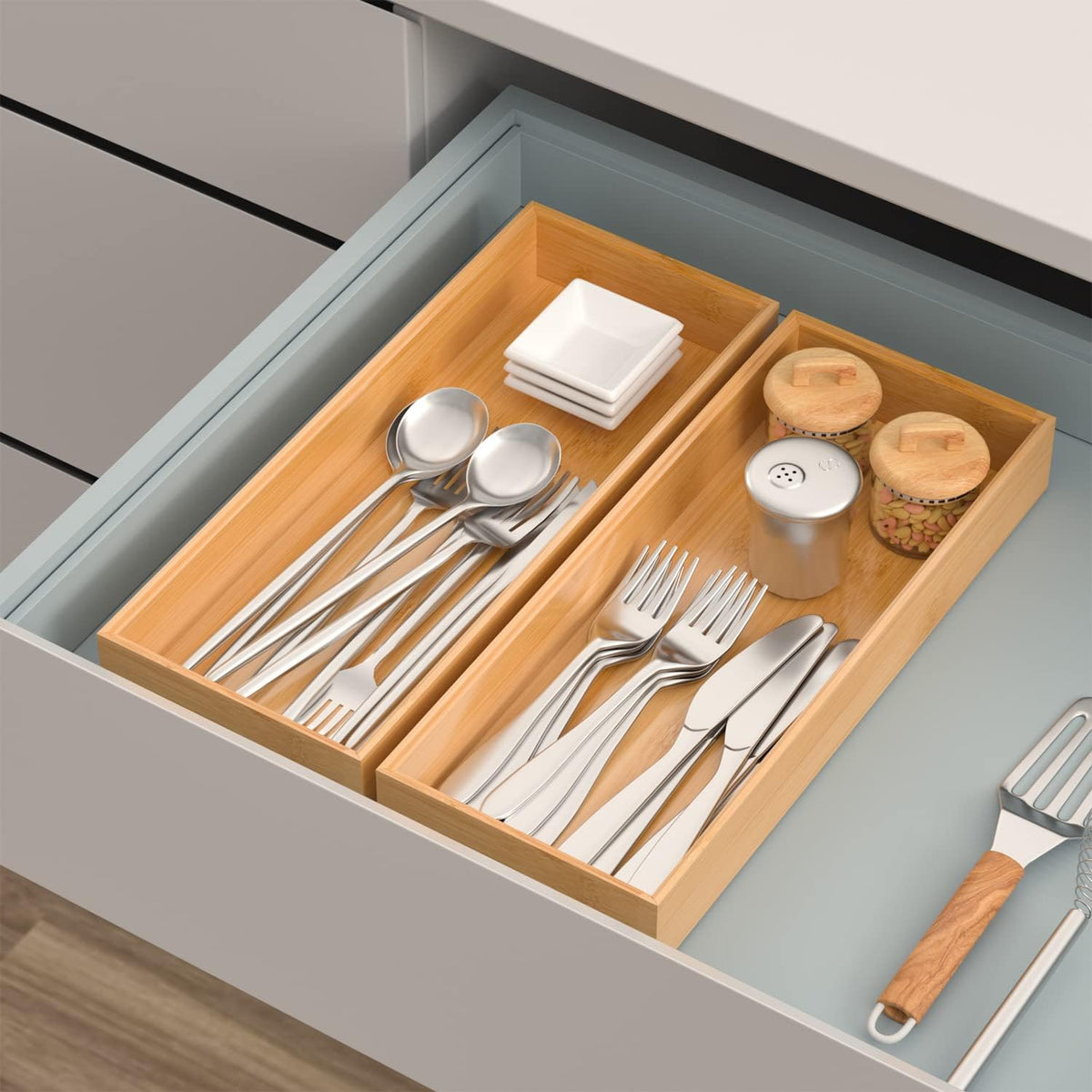 Bamboo Drawer Organizer, Stackable Utensil Organizer for Kitchen, Bamboo Storage Box Wood Silverware Tray for Drawer 15" x 6" x 2" Set of 2