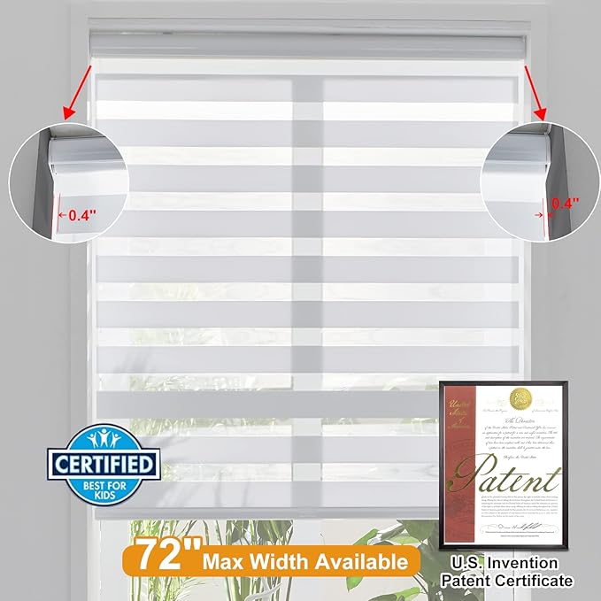 Persilux Cordless Zebra Blinds for Indoor Windows, Free-Stop Light Filtering Sheer Shades, Dual Layer for Day and Night, Roller Shades for Home (22.5" W X 72" H, White)