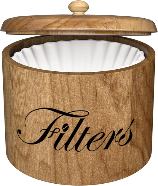 Coffee Filter Holder, Wooden Coffee Filter Storage with Lid, Round Coffee Filter Container for Counter, Rustic Coffee Bar Accessories Holder Decor (Natural)