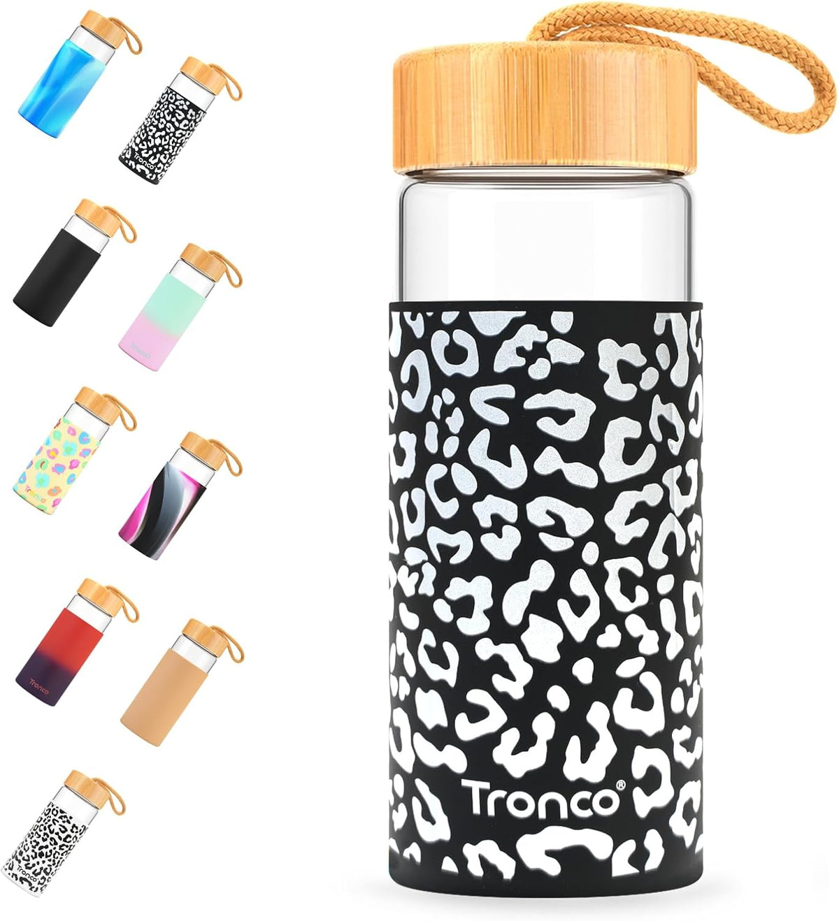 Tronco 20oz Borosilicate Glass Water Bottle with Bamboo Lid, Non-Slip Silicone Sleeve, Leak-Proof and Reusable Glass Bottle Perfect for gifts,Travel, Gym, and Everyday Use, BPA-Free, Dishwasher Safe