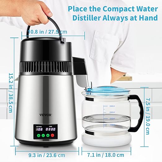 VEVOR 1.1 Gal Water Distiller, 0.3 Gal/H, Distilled Water Maker Machine 750W 0-99H Timing Set Temp Display, 304 Stainless Steel Countertop Distiller Glass Carafe Cleaning Powder 3 Carbon Packs, Silver