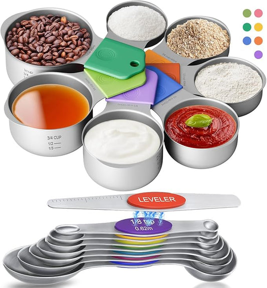 Magnetic Measuring Cups & Spoons Set|304 Stainless Steel Dual Scale Set of 23, Strong N52 Magnetic Nesting Design with Leveler, for Dry&Liquid Ingredients, Dishwasher Safe(Colorful)