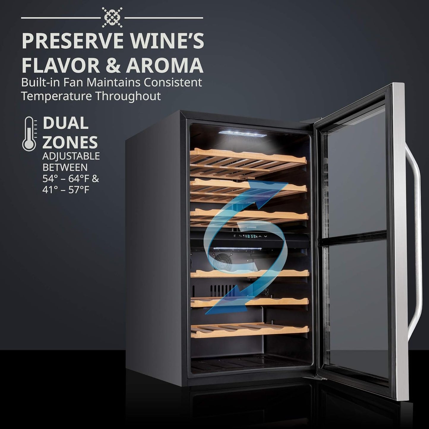Ivation 43 Bottle Dual Zone Wine Cooler Refrigerator w/Lock | Large Freestanding Wine Cellar For Red, White, Champagne & Sparkling Wine | 41f-64f Digital Temperature Control Fridge Stainless Steel