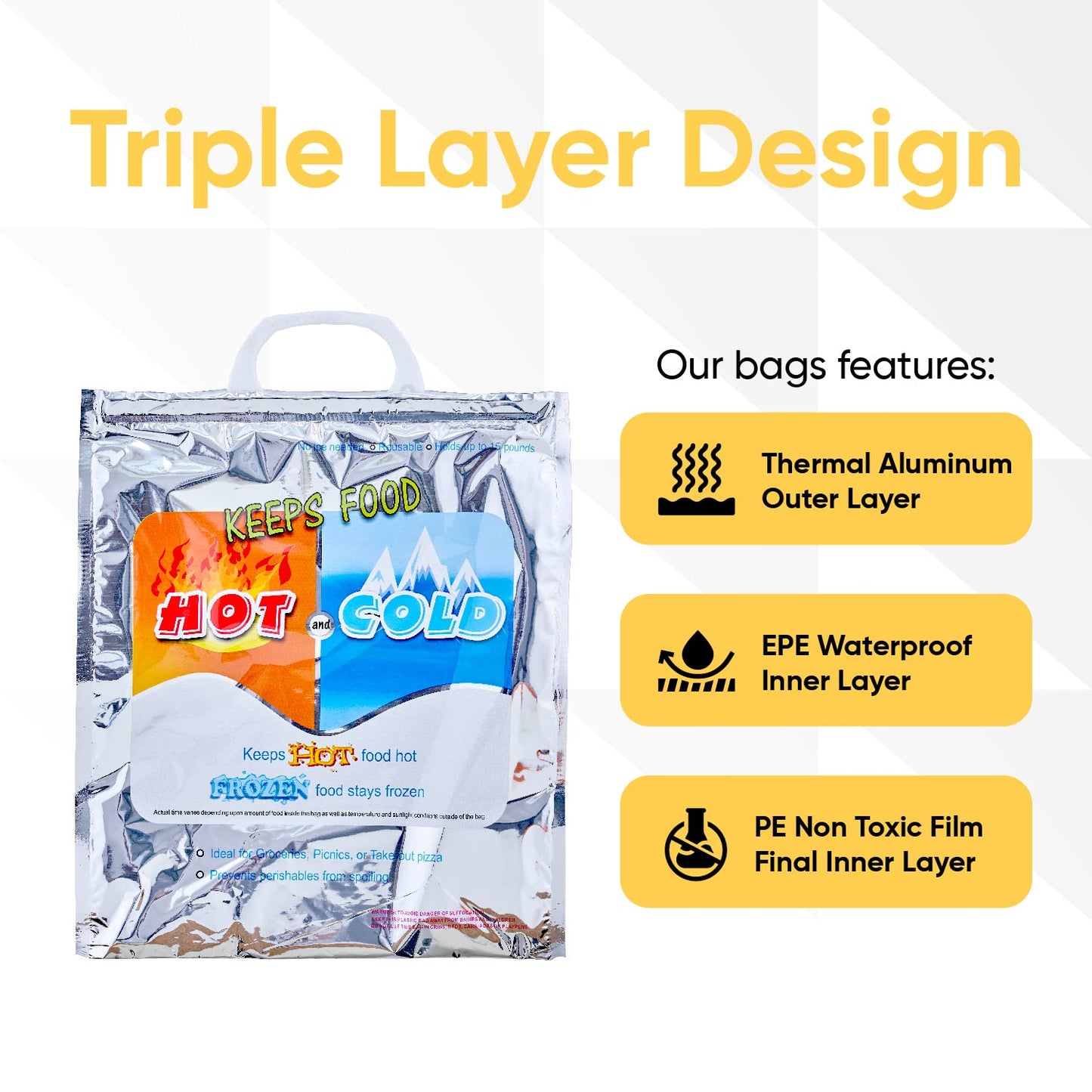 Superio Hot and Cold Insulated Bags for Food Delivery, Grocery Shopping Bags, Food Storage for Hot and Frozen Food for Travel, Disposable Cooler Bag, Reinforced Thermal Lunch Bag (8, 20"x19")