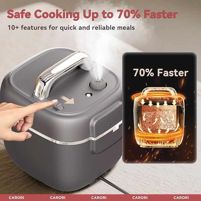 CARORI Electric Pressure Cooker 3QT, 8-Function Compact Multi-Cooker with Ceramic Nonstick Pot for Saute, Pressure Cook, Slow Cook, Meat Stew, Rice, Delay Start, Keep Warm, Safe Venting, Gray