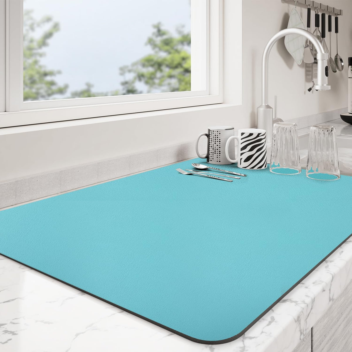 Dish Drying Mat for Kitchen Counter | Coffee Bar Mat for Countertops | Heat Resistant Drainer Mat with Non-slip Rubber Backed | Hide Stain Kitchen Absorbent Draining Mat | Turquoise 18"x24"