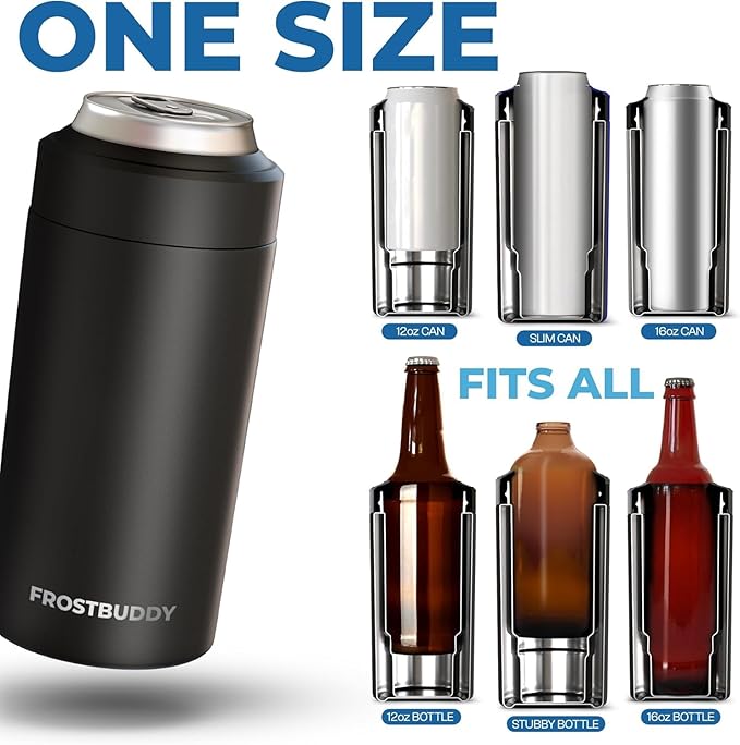 Frost Buddy Universal Can Cooler - Fits All - For Regular 12 & 16 oz or Slim-Size Bottles - Insulated Double-Walled Stainless Steel (Gunmetal Glory)
