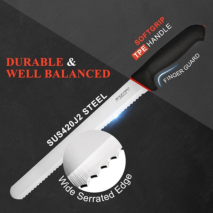 10 Inch Wavy Edge Serrated Bread Knife With Non-Slip Softgrip, Sharp & Long Blade For Homemade Bread, Crusty Breads, Cake, Bagel, 2.5MM Thickened Japanese High Carbon Stainless Steel