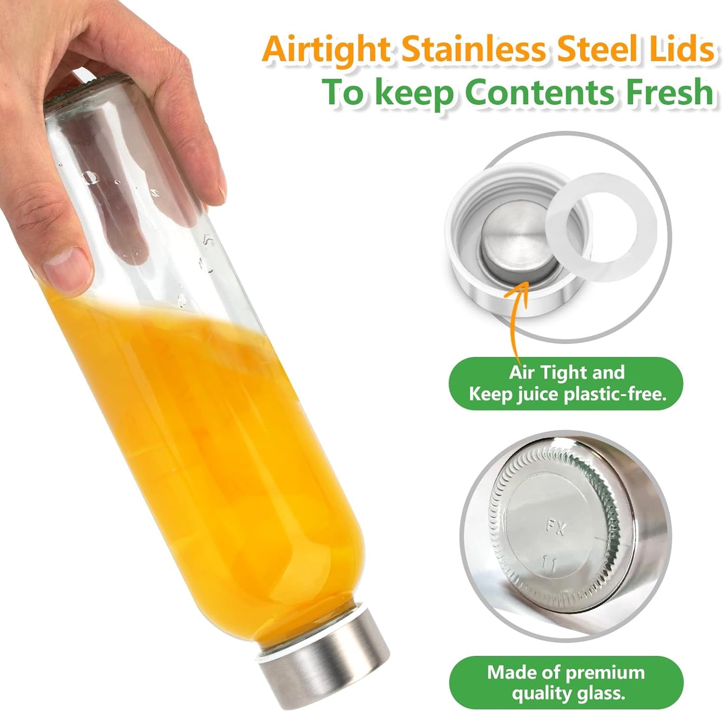 Zukro Glass Water Bottles with Lids 24 oz, 3 Pack Reusable Juice Bottles With Stainless Steel Airtight Cap for Juicing, Leak Proof Clear Drinking Jar Beverage storage container for Fridge, BPA Free