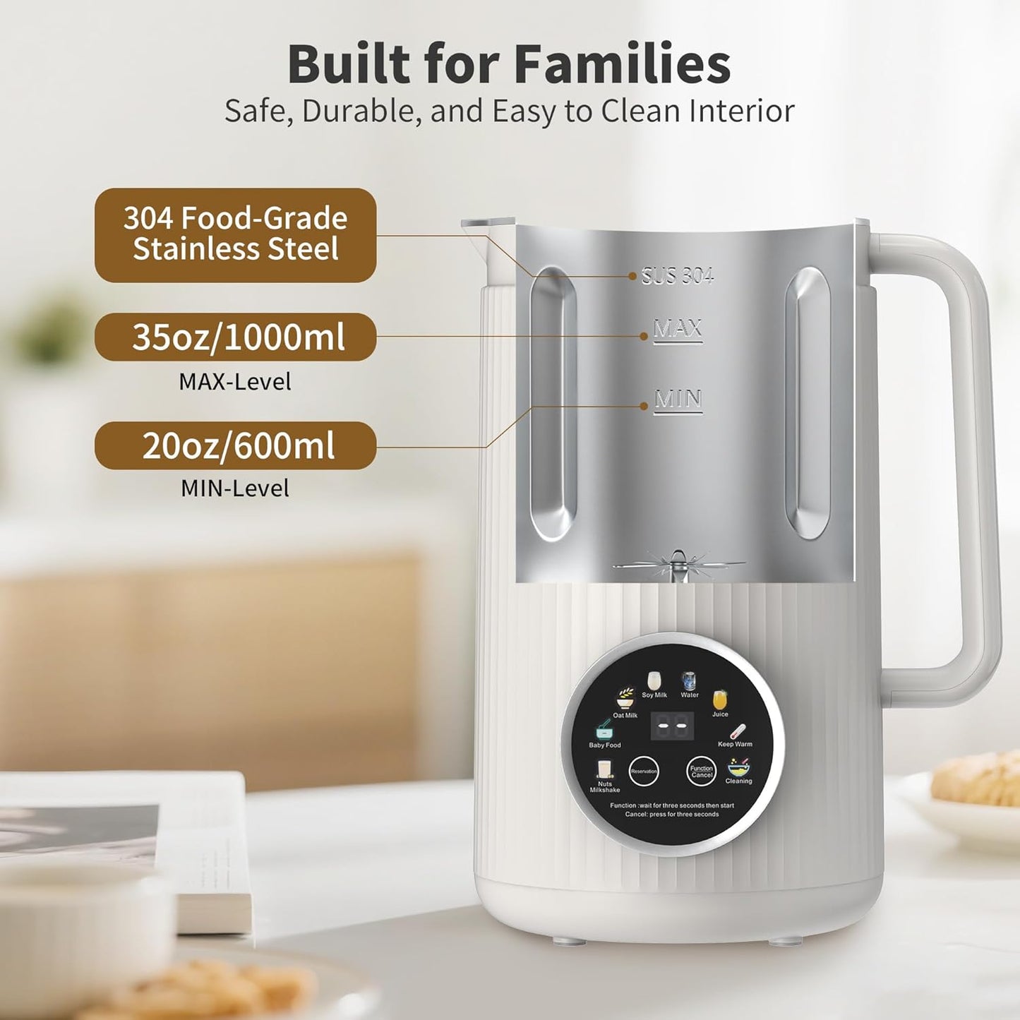 35oz Nut Milk Maker Machine: 8-in-1 Soy Milk Maker with Auto Clean & 20-Blade - Multi-Function Nut Milk Machine with Self-Cleaning, Auto Shutoff, for Vegan Drink (White)