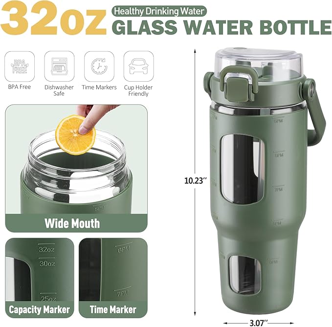 BLUEGO 32oz Glass Water Bottles with Straw Time Marker Half Gallon Large Motivational Water Bottle with Silicone Sleeve 2 Liter Large Glass Water Jug for Gym, Sports& Workout, Daily, 02 Olive