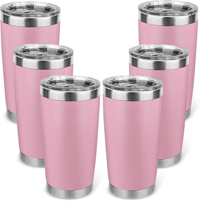 20oz Stainless Steel Tumbler Bulk with Lid, Travel Mug - Double Wall Vacuum Powder Coated Cup - Light Pink, 6 Pack