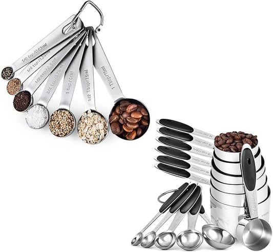 U-Taste 18/8 Stainless Steel Measuring Spoons Set for Dry and Liquid Ingredients(Set of 7), and Upgraded Measuring Cups and Spoons Set of 12 with Reinforced Welded Handle (Black)