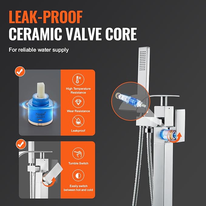 VEVOR Freestanding Bathtub Faucet, Floor Mount, Freestanding Tub Filler, Shower Mixer Taps, Two Water Modes, 360° Swivel Spout, for Bathing & Showering Pet Bathing Cleaning Drains Toilet Flushing