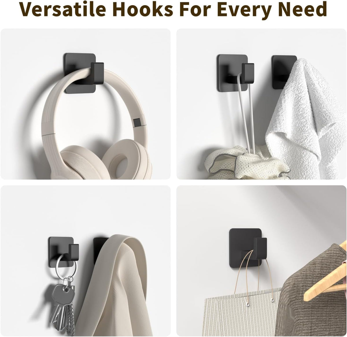 Square Self Adhesive Towel Hooks - 4 Pack Matte Black Metal Hooks, Right-Angle Design for Towels, Robes & Hats, Organize Bathroom, Kitchen, Entryway, Doors, Cabinets on Smooth Surfaces