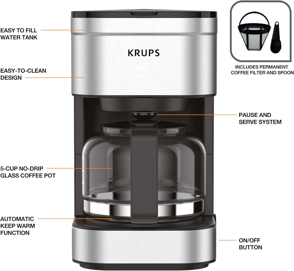 KRUPS Newer Model Drip Coffee Maker, Glass, Silver
