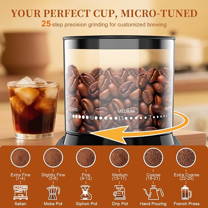 Wancle Conical Burr Electric Coffee Grinder with Touchscreen Coffee Bean Grinder - Precision Timer, 25 Grind Settings, Anti-Static, Stainless Steel, Easy to Clean