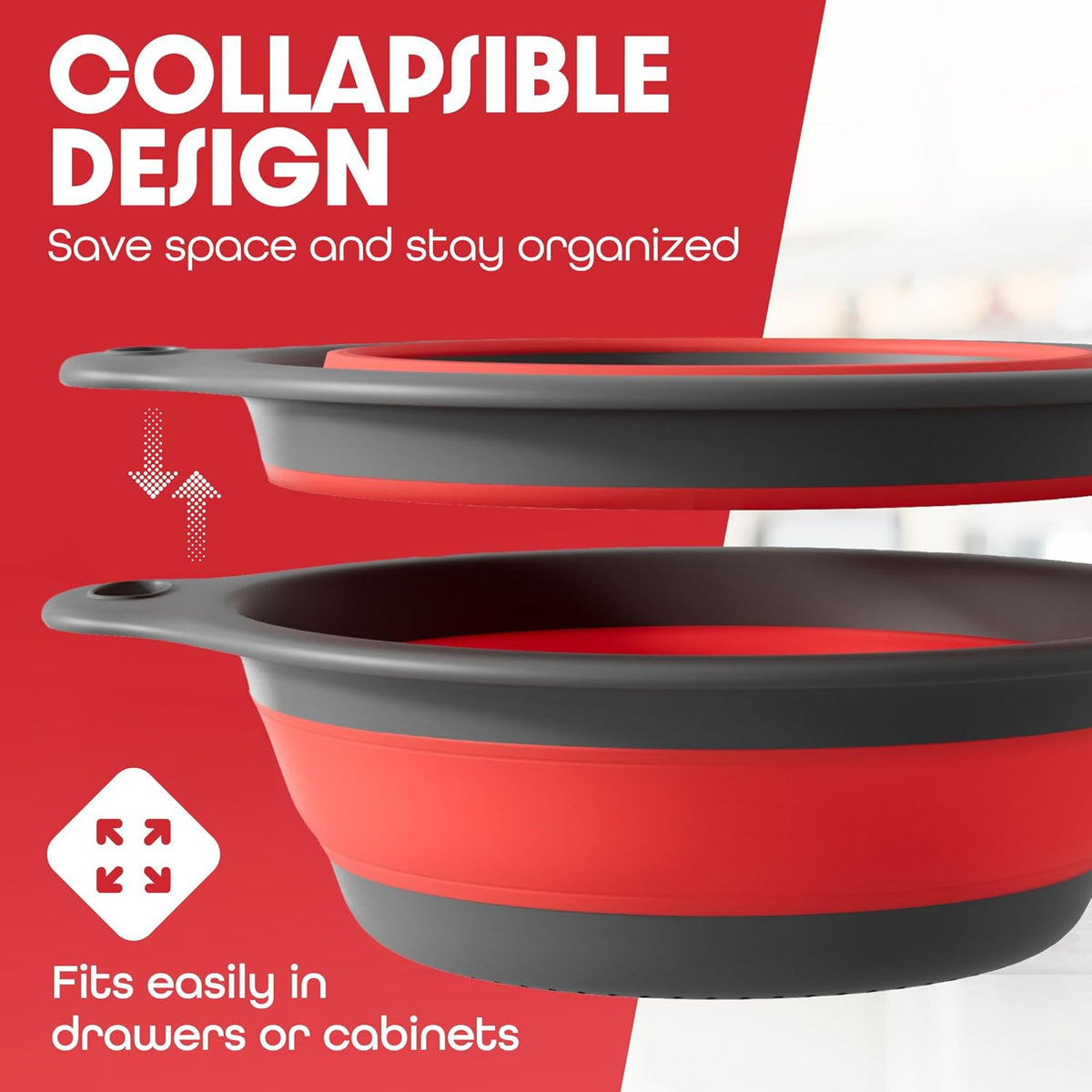 Strainer with Self-Draining Base (5QT) Over-Sink Collapsible Kitchen Colander Set with Side-drain Base for Pasta Vegetables and Fruit, XL Large Capacity, Dishwasher Safe (5-Quart) Red/Gray