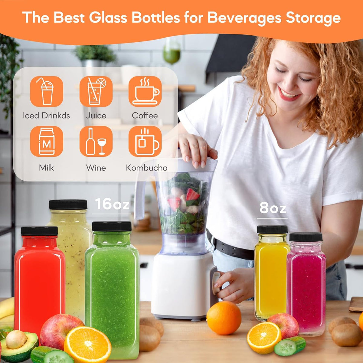 STARSIDE 8 oz Glass Juice Bottles with Lids 6 Pack - Square Reusable Drinking Jars for Juicing, Milk, Kombucha - Includes 1 Bottle Brush, 6 Colored Labels