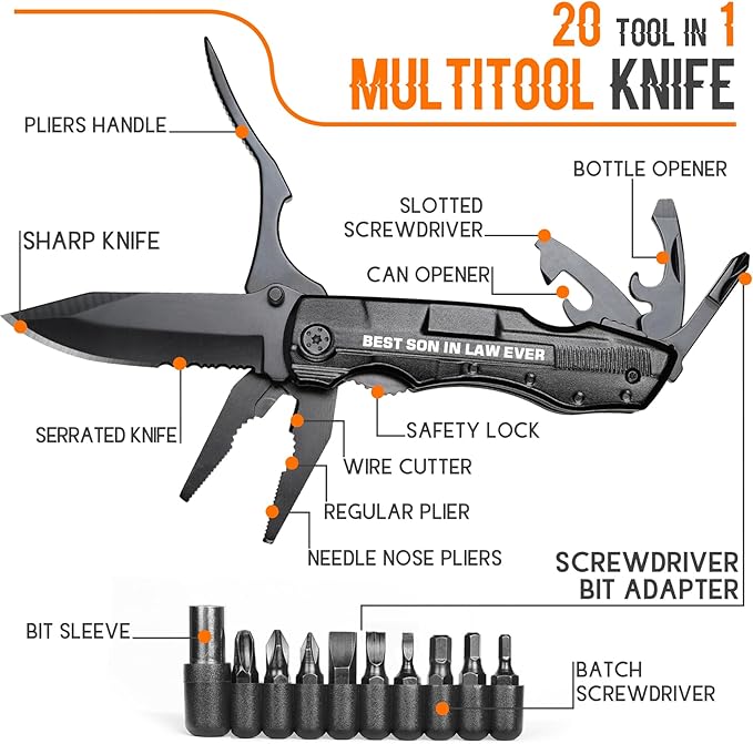 Son in Law Gifts, Multitool Knife, Gifts for Son in law, Christmas Practical Gift, Son’s Birthday Presents, Son-in-law Gift for Camping, Hiking, Fishing, 20 in 1 Multitool
